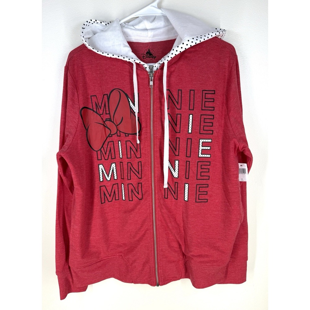 New disney minnie mouse sweatshirt Full Zip Red Black White Polka Dot Large Hood